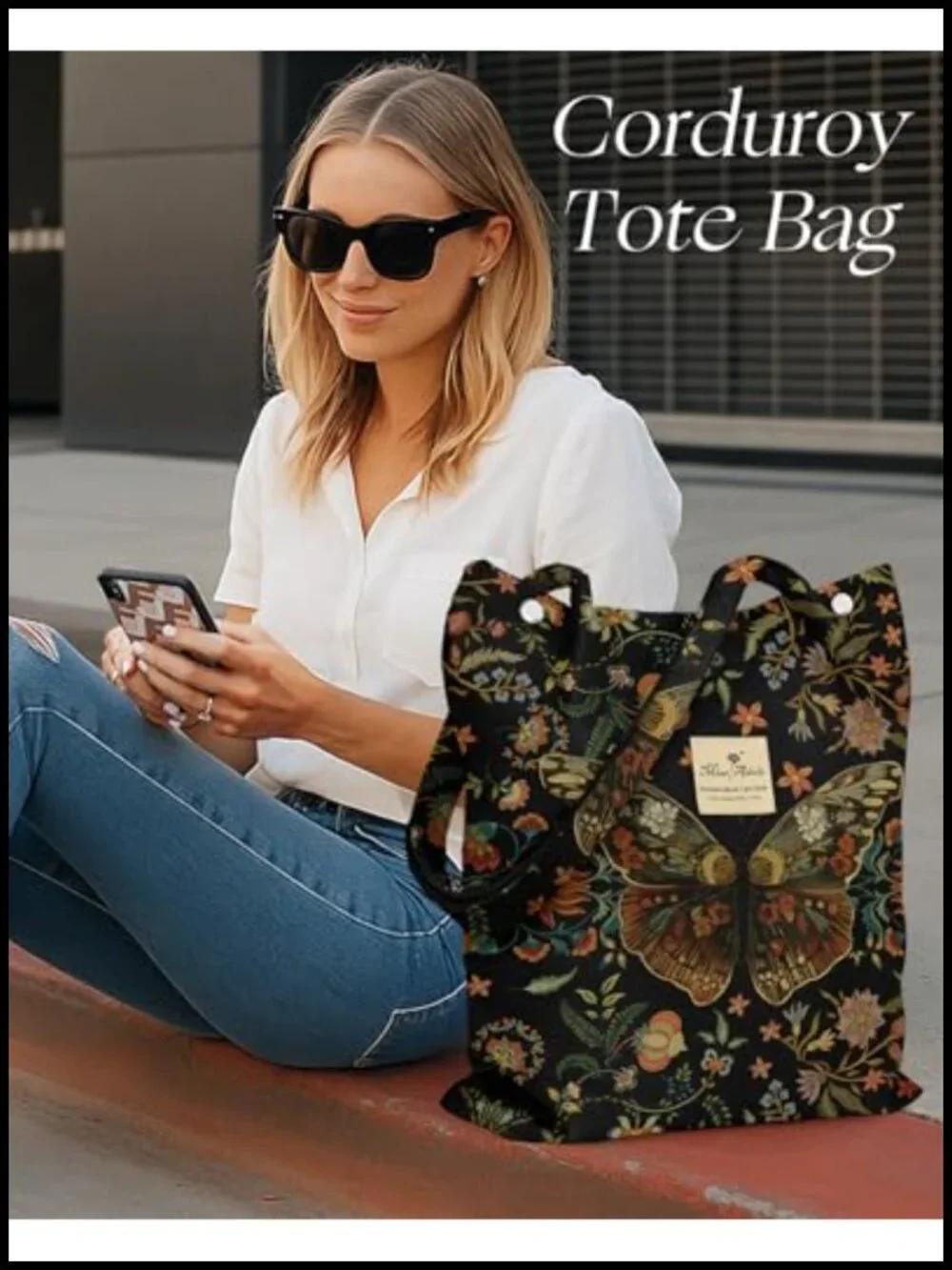 Corduroy Tote Bag - Reusable Totes with Magnetic Buckle & Pocket Aesthetic